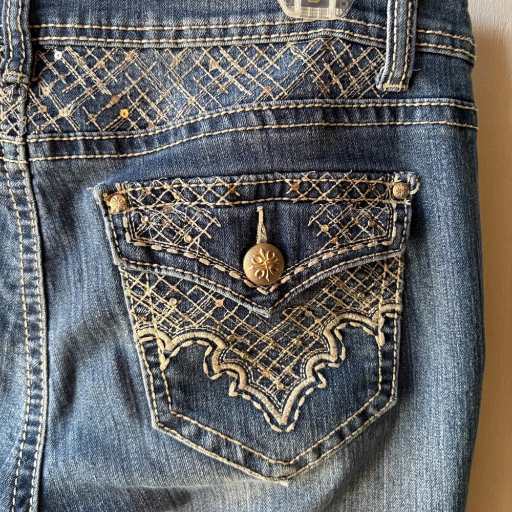 Embellished Y2K One Weekend Bootcut Jeans Womens 12 Mid Rise Blue Sequin Western